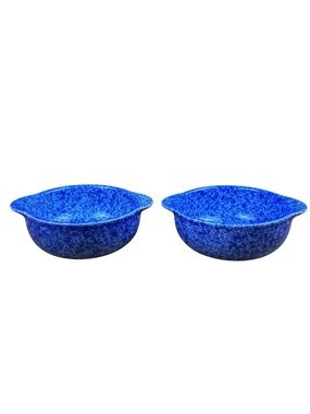 2 Vintage Coche Blue Spongeware Speckled Bowls Handled Stoneware 6.5” Portugal